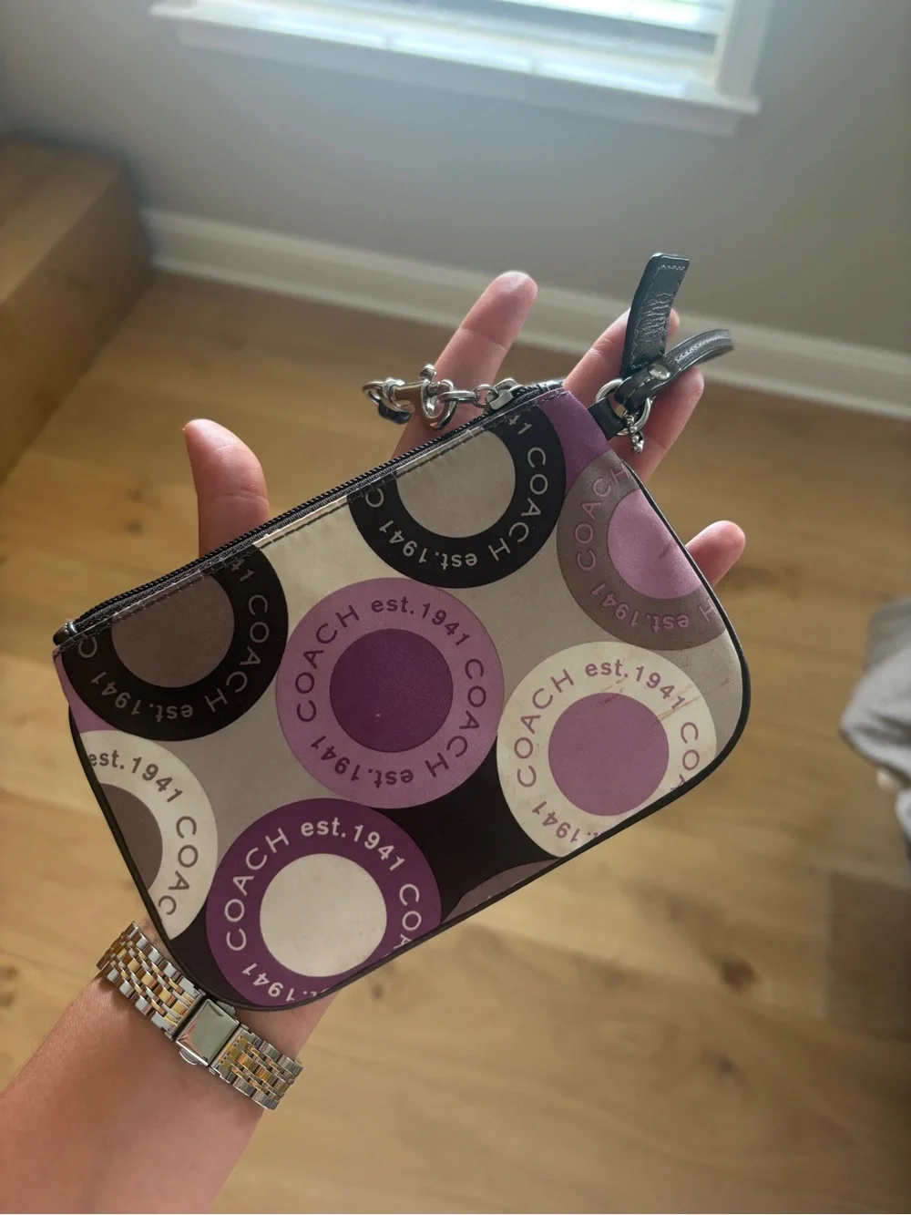 COACH Purple and Cream Circle Logo Wristlet